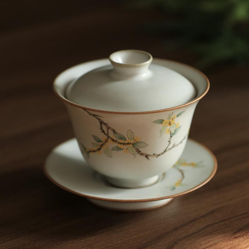 全手工手绘桂花盖碗三才碗套装功夫茶具 景德镇纯手工陶瓷泡茶器