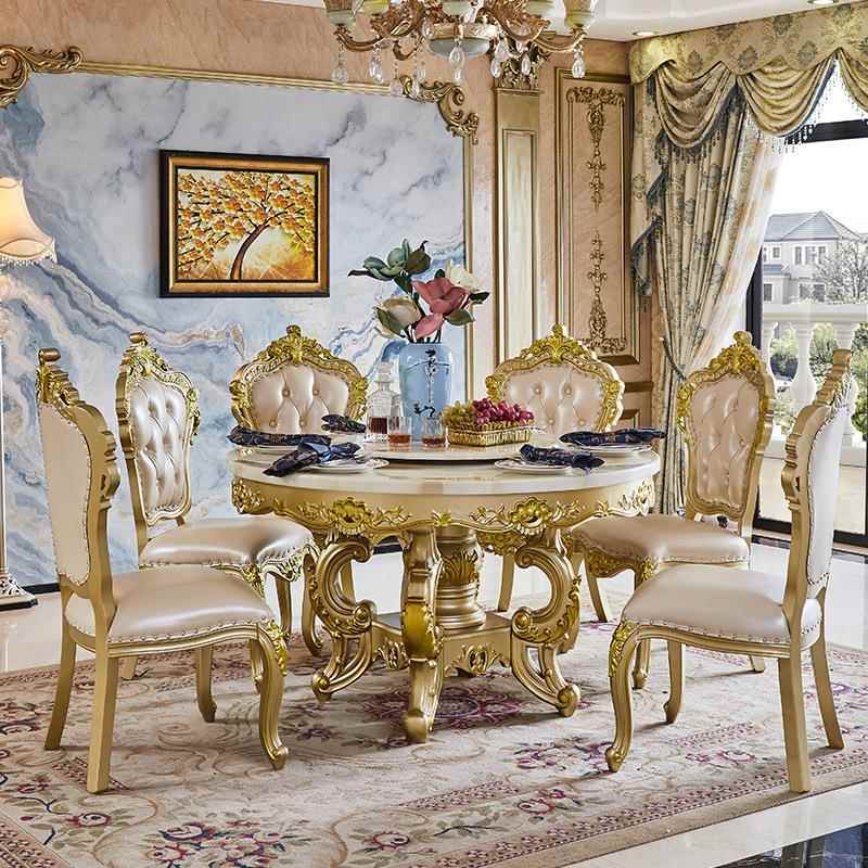 欧式全实木餐桌椅大理石香槟金圆桌+转盘别墅大气雕花可定黑色