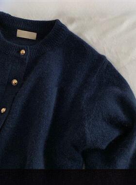 Rouje Tusse羊绒针织开衫女士秋冬宽松和多功能圆领短羊毛毛衣夹