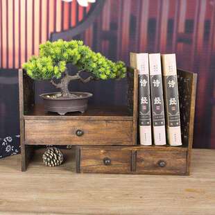 泰国小型桌上书架家用组合木质复古简约学生桌面收纳架置物架实木