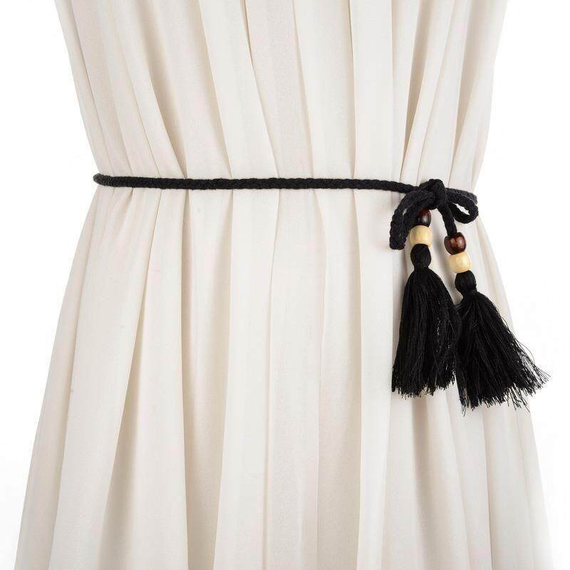 文艺范棉绳编织腰链配裙子女士长款打结腰带流苏装饰窄款腰链女