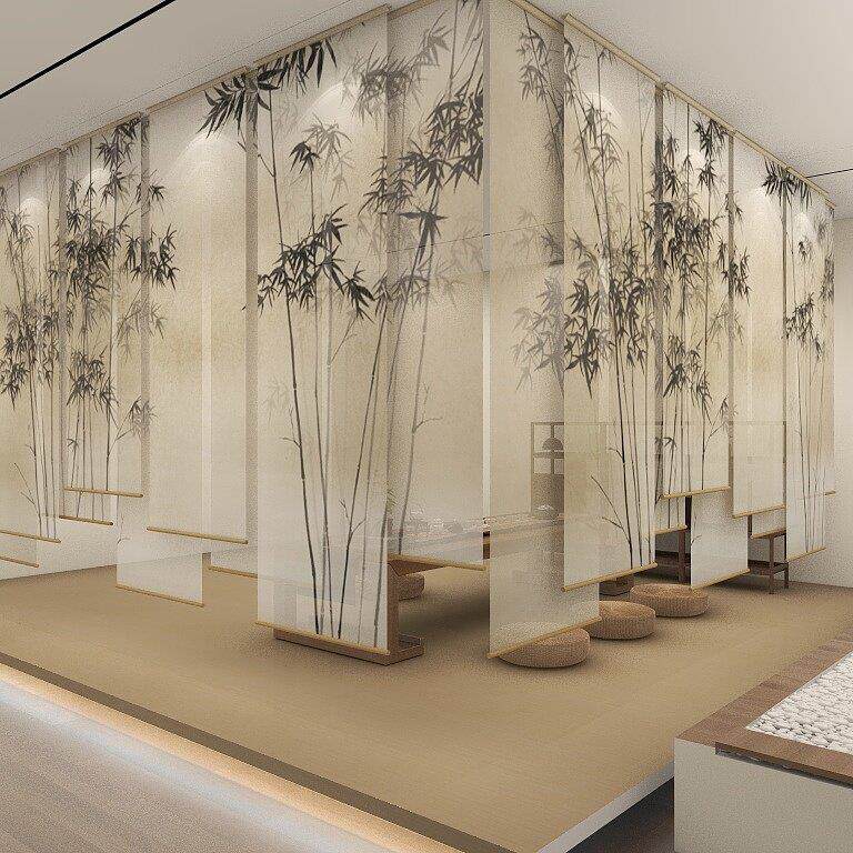 新中式墨竹卷拉式窗帘电动升降卷帘餐厅客厅办公室意境屏风隔断帘