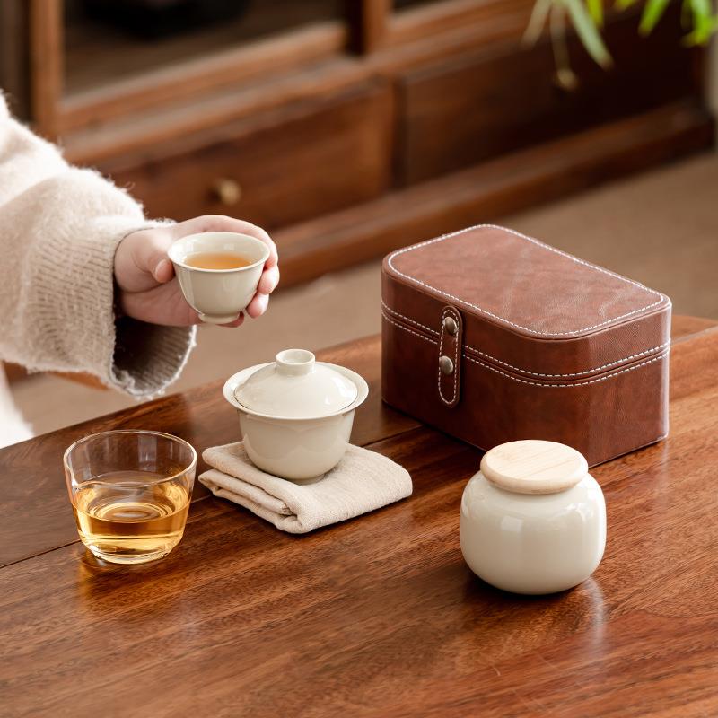 草木灰陶瓷盖碗旅行茶具一壶二杯户外便携式露营泡茶快客杯套装
