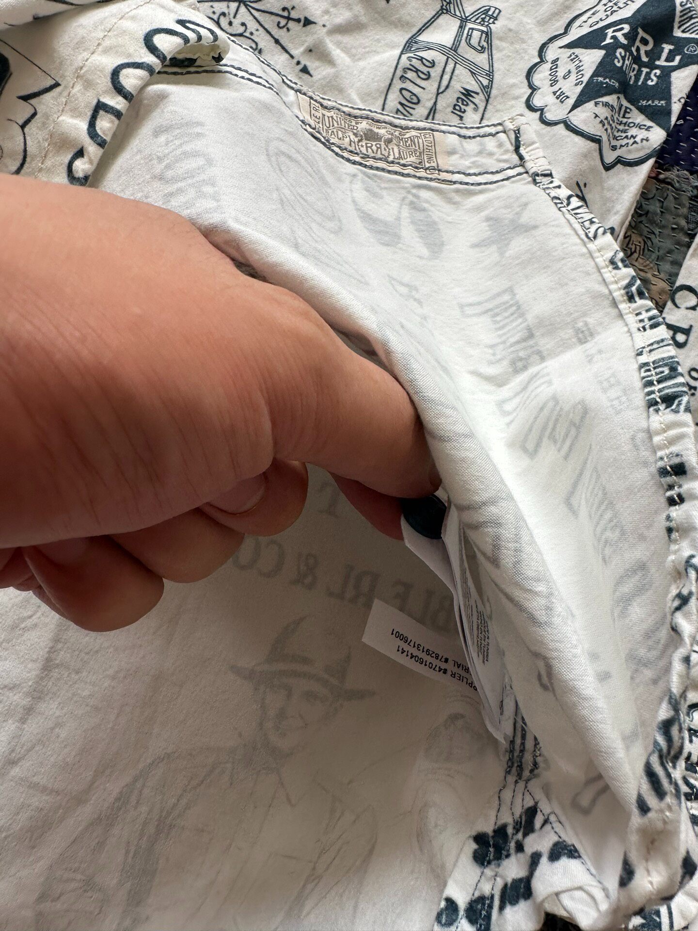 RRL White Work Shirt with Black Graphics — label