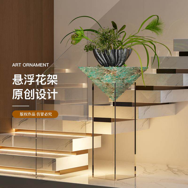 意式奢华大理石悬浮花架酒店展示架高端沙发旁电视柜落地