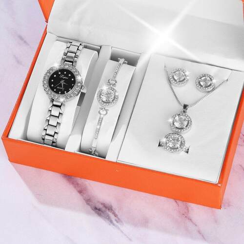 Luxury Ladies Watch 6pcs Set Bracelet Necklace Earrings Ring