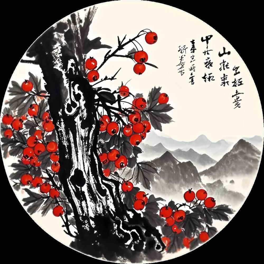 新中式圆形山楂装饰画客厅卧室餐厅厨房墙面传统国画自粘贴防水图片