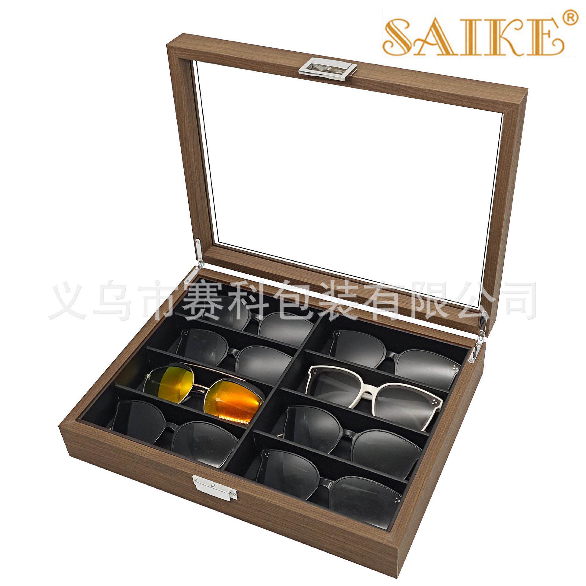 现货黑胡桃纹木质档8位眼镜收纳展示盒8只装太阳镜墨镜收纳箱