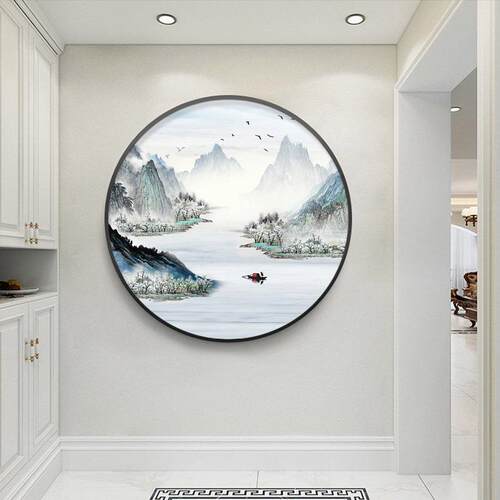 新款直销新中式玄关装饰画圆形山水画客厅沙发背景墙面壁画办公室