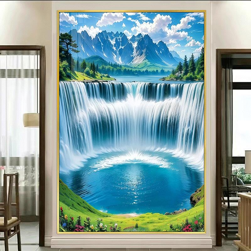 玄关聚宝盆山水画晶瓷画装饰画瀑布流水生财风景带框办公室相框画