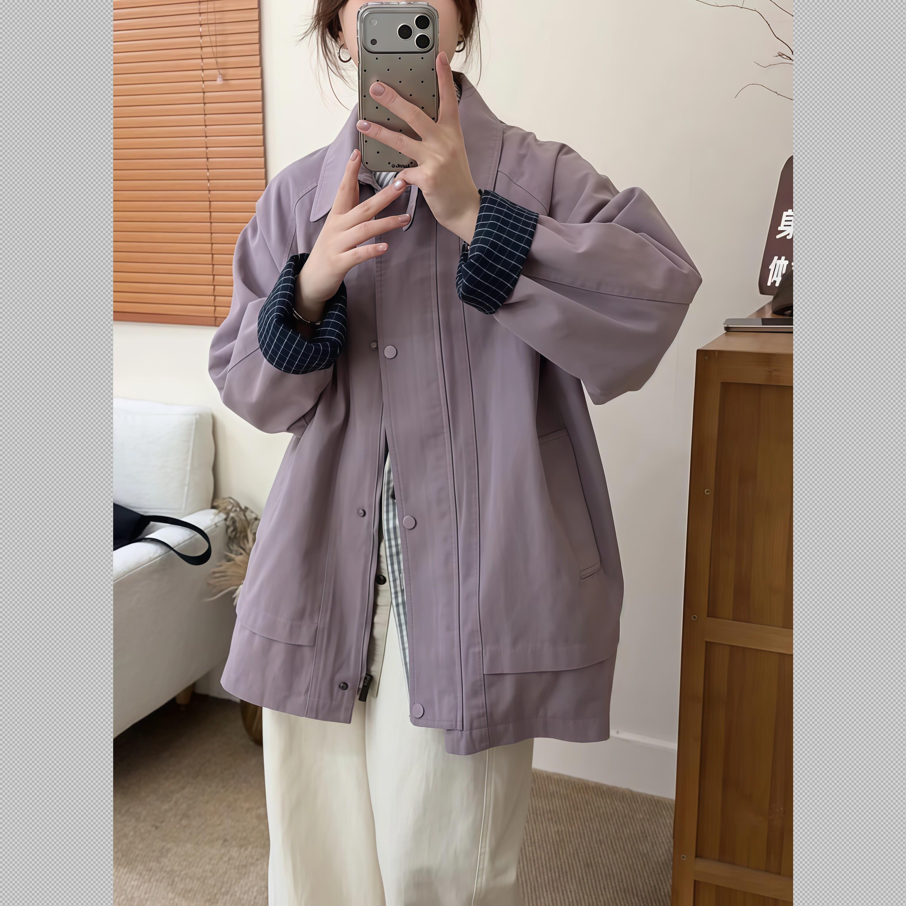 日系小个子复古翻领风衣外套女2026春季新款宽松休闲百搭工装夹克