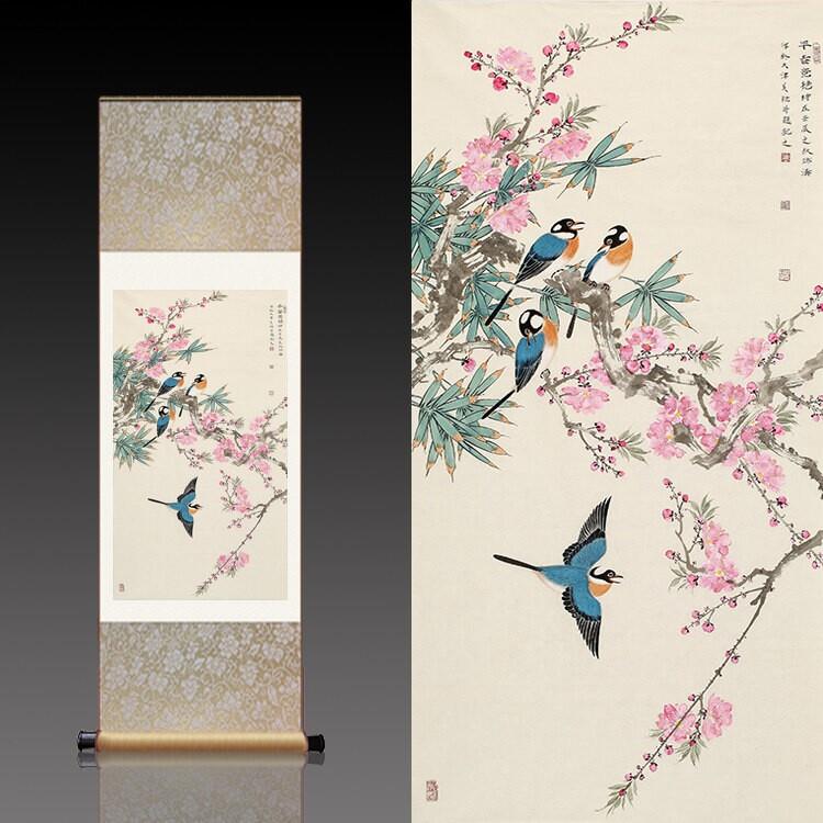 名家国画卷轴装饰画 适用于客厅的国画装饰 复古怀旧桃花花鸟图