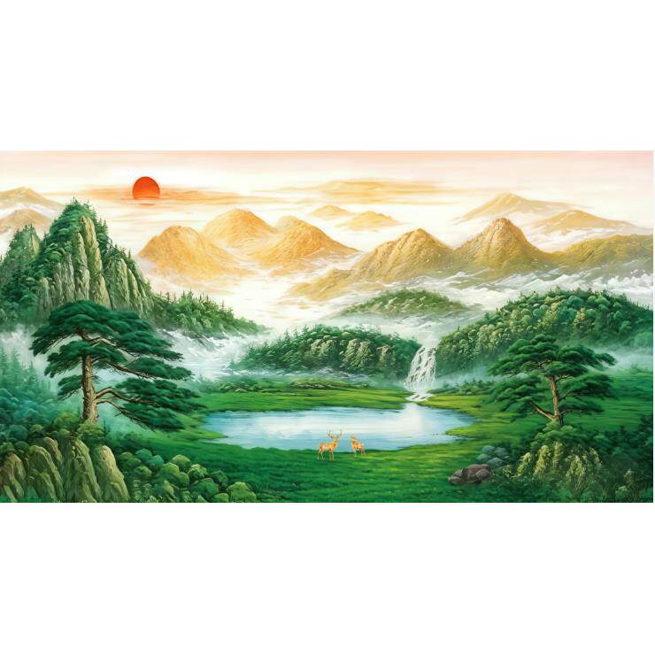 中式山水风景装饰画办公室客厅有框画芯防水晶瓷画