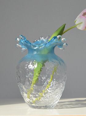 现代简BOW约轻客奢蓝色浪郁花口玻璃插花鲜花金香花瓶家居厅桌面