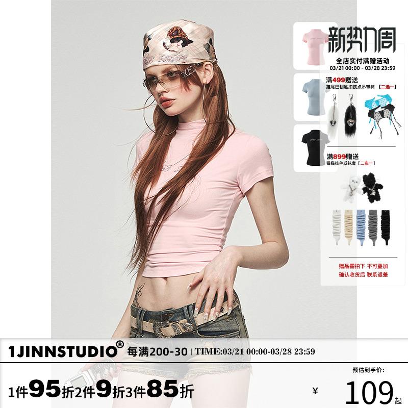 1JINN STUDIO 烫钻舒适弹力莫代尔基础短袖百搭小圆领修身收腰T恤