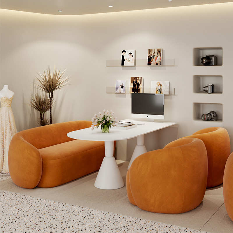 影楼选片区沙发休息接待奶油风婚纱店洽谈美容院桌椅组合套装