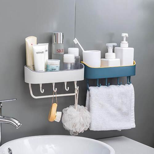 Dual-color four-hook wall-mounted bathroom shelf, suction ty