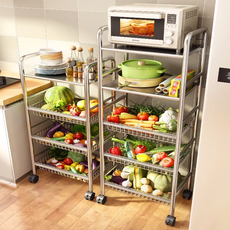 不锈钢厨房菜篮子置物架多层落地可移动放水果蔬菜多功能家用推车