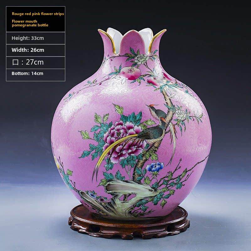 花瓶陶瓷粉彩爬行动物手绘石榴花瓶古董装饰品电视柜客厅结婚礼物