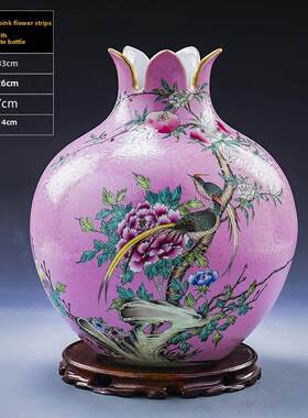 花瓶陶瓷粉彩爬行动物手绘石榴花瓶古董装饰品电视柜客厅结婚礼物