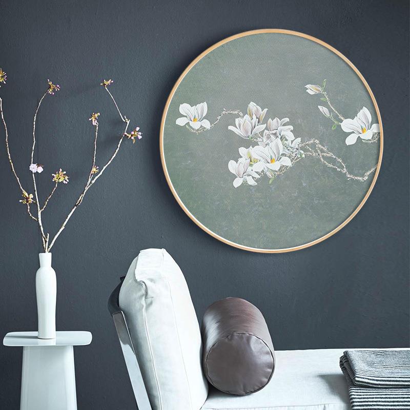 新中式禅意装饰画圆形挂画清新水墨客厅餐厅过道壁画佛系莲花墙画