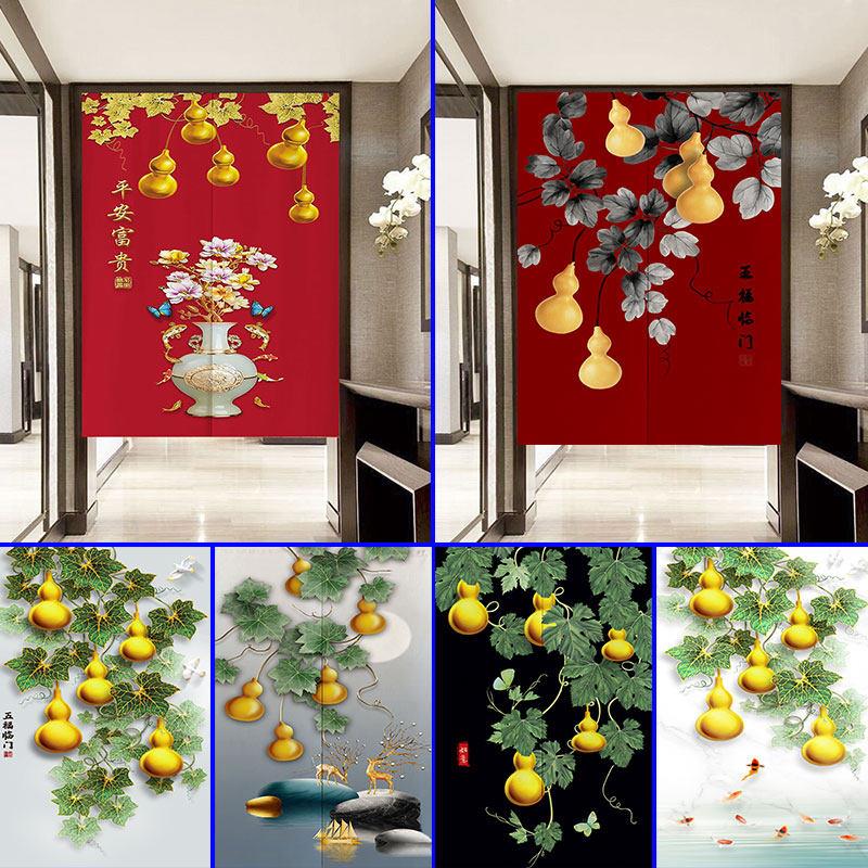 中式轻奢葫芦布艺门帘家用装饰半帘免打孔遮挡挂帘加厚棉麻隔断帘