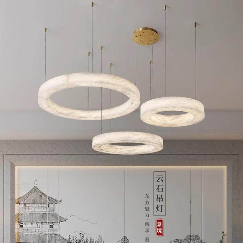 新中式全铜云石客厅吊灯别墅大厅大气创意设计师圆环饭厅卧室灯