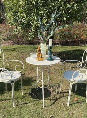 法式乡村铁艺做旧户外桌椅套件白色绿色花园庭院阳台客厅圆桌椅子