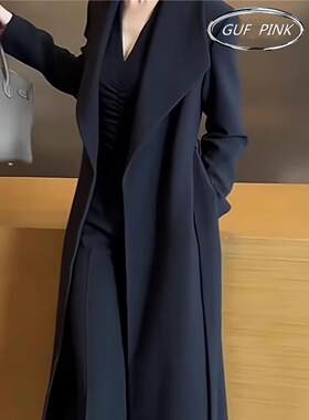 香港春款御姐气质黑色长版风衣外套女2026年春款时尚过膝翻领大衣