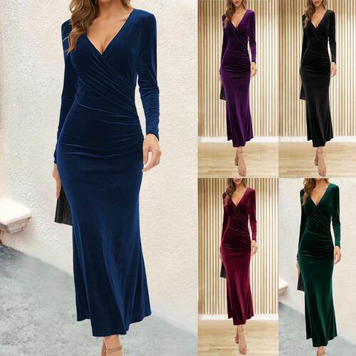Elegant fishtail collar long sleeved dress evening