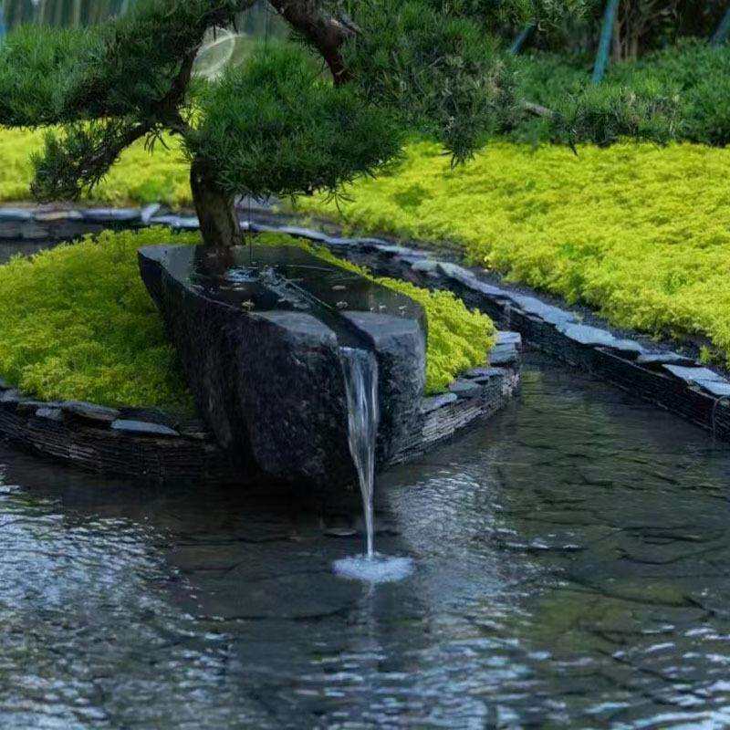 天然石雕黑山石水钵庭院流水景观日式喷泉造景石盆户外园林流水