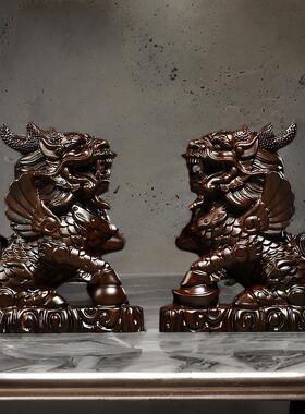 黑檀木雕瑞兽麒麟一对摆件实木质家居客厅电视柜玄关装饰工艺礼品