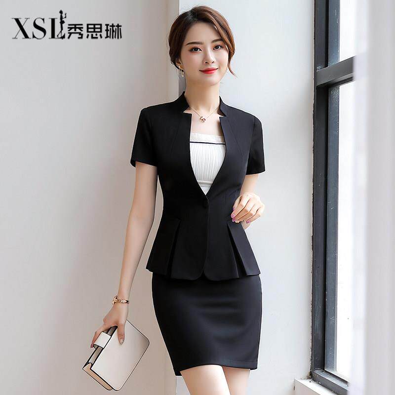 职业套装女夏薄款职场正装酒店前台接待工作装短袖西装工作服套裙