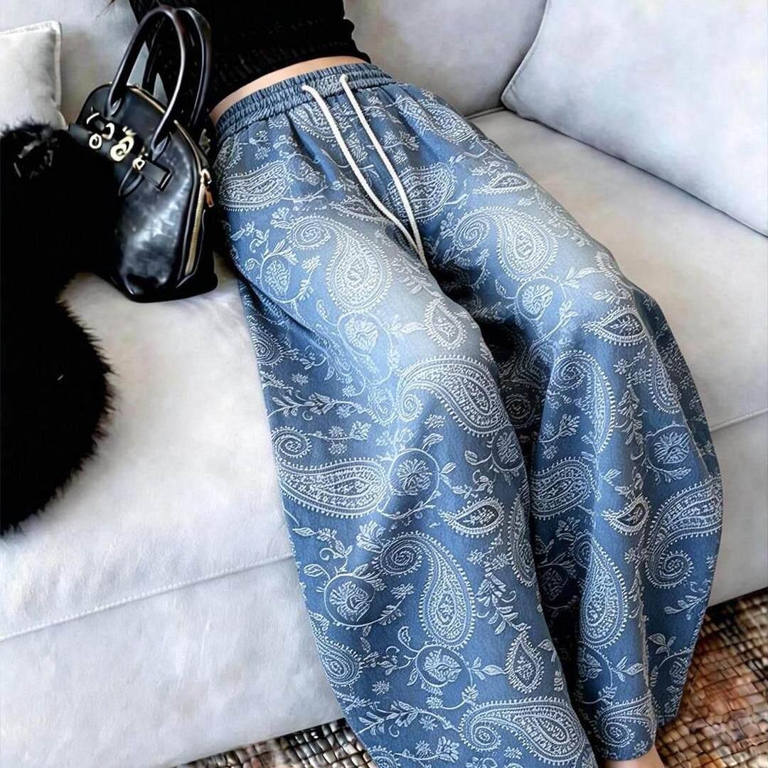 潮牌蓝色提花休闲阔腿裤子女时尚新款宽松慵懒垂坠高级感直筒长裤