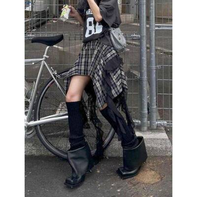 H 99939 Plaid irregular high waist A-line skirt 格子不规则辣