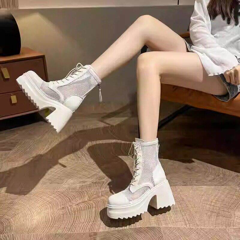 意大利SANLI~真皮粗高跟网面短靴女夏透气马丁靴厚底增高镂空凉靴