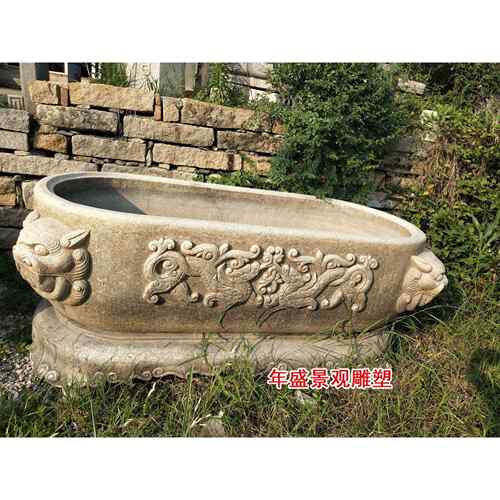 中式仿古做旧石雕花盆 石材雕龙养鱼池 大理石鱼缸工艺品摆件