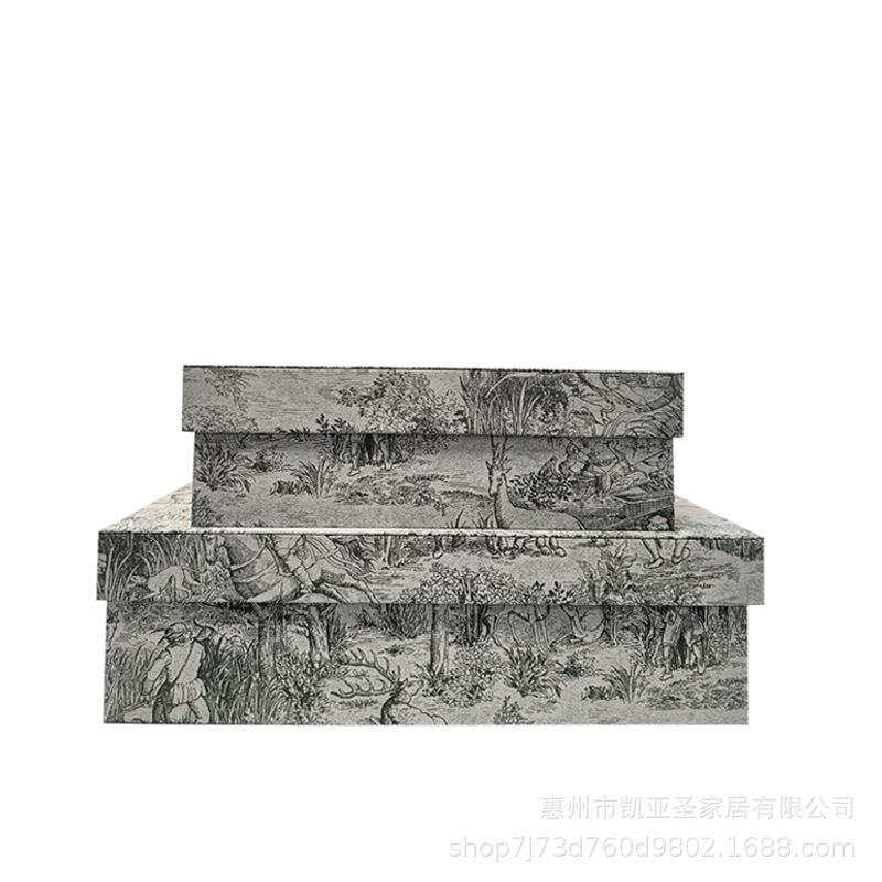 轻奢新款木质布艺黑灰动物图纹衣帽间样板房装饰品摆件家居储物盒
