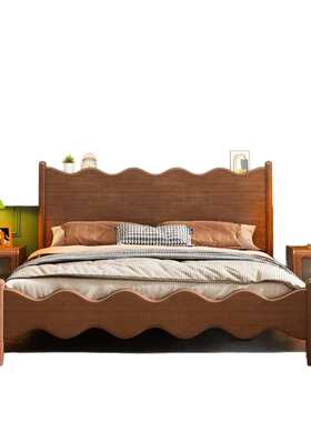 北欧中古风全实木床现代简约波浪床1.5米1.8米复古双人床主卧婚床