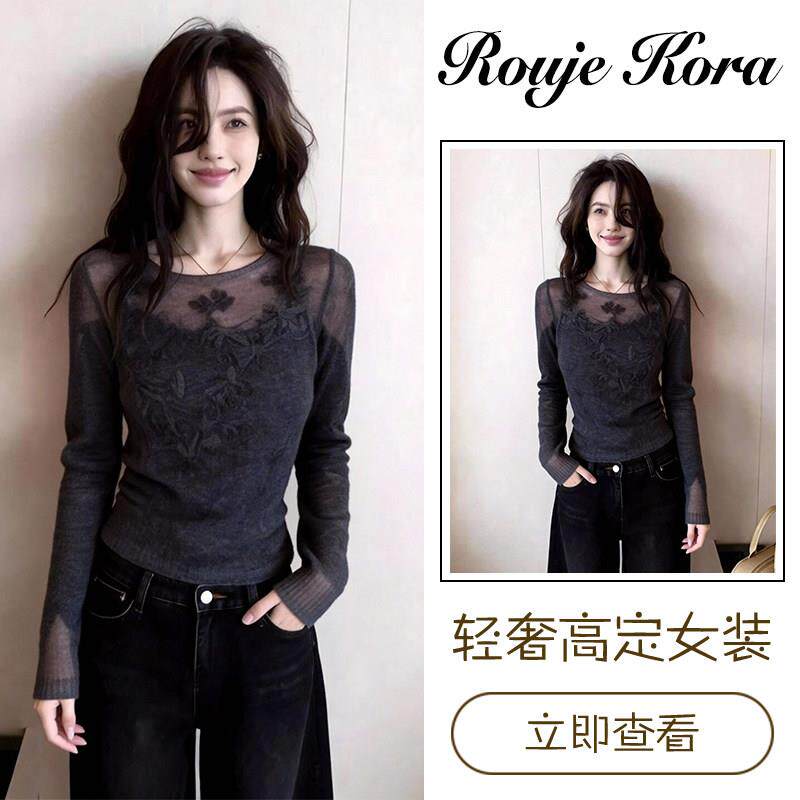 Rouje Kora法式性感风灰色上衣女春季高级感宽松显瘦百搭透视上衣