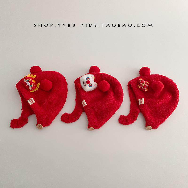 婴儿帽子新年红色喜庆醒狮护耳毛绒帽男女宝宝保暖加厚针织包头帽