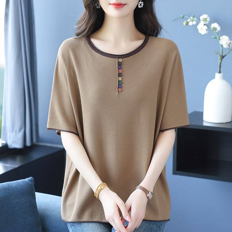 中年妈妈装夏季桑蚕丝短袖T恤女宽松大码彩色扣子冰丝T恤遮肚上衣