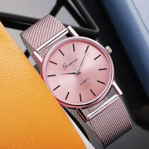 Elegant Rose Gold Big Round Dial Watch Female Simple Tempera