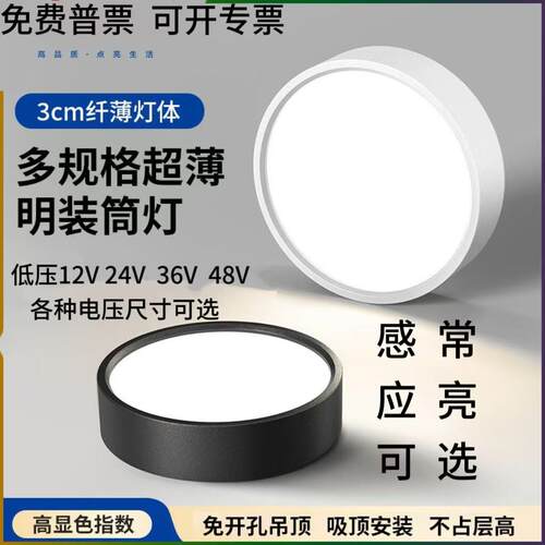 明装12V感应筒灯110V免钻孔泛光24V吸顶灯玄关led36V走廊射灯阳台