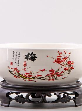 无孔碗莲专用盆缸铜钱草睡莲水仙花盆金钱草水培植物陶瓷盆带底座