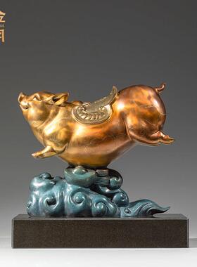 铜金岁月飞猪献瑞黄铜摆件生肖猪新居乔迁送礼品玄关酒柜装饰摆件