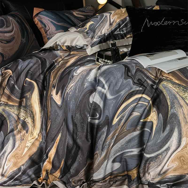 高档轻奢件风YC96760金色100天丝长绒黑棉印花四套纯棉被套裸睡床