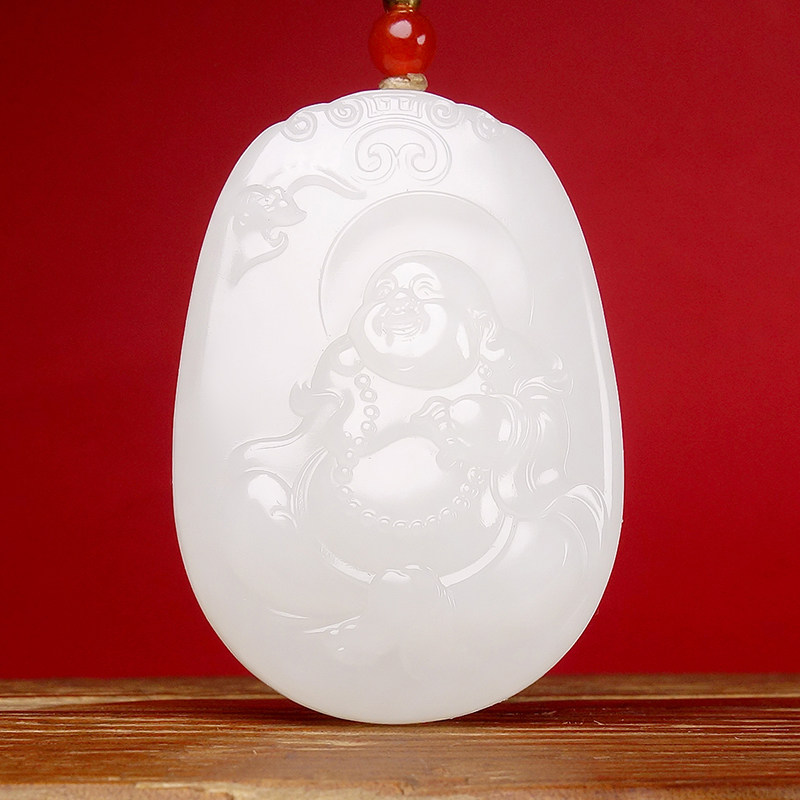 1寓意：笑口常开新疆和田玉羊脂白玉一级白笑佛吊坠挂件30.54克