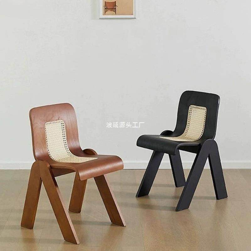 藤编北欧中古设计师法式轻奢复用实木靠背餐椅卧室椅子