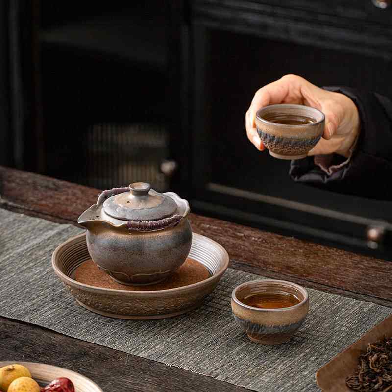 壶承粗陶铁锈釉鎏金家用陶瓷功夫茶具壶托盖碗托单个中式复古果盘
